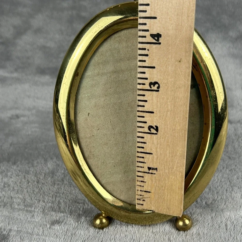 Vintage Brass Oval Picture Frame ~3.5x5 in Small Tabletop Easel Back Ball Feet
